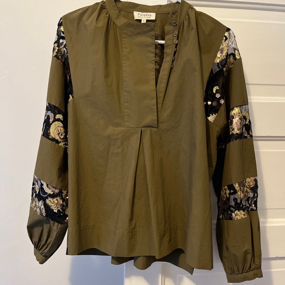 Psophia Olive Green Embellished Sleeve Blouse